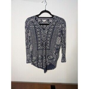 LUCKY BRAND Navy Blue White Bandana Tapestry Blouse Top S/P Cotton Linen Blend